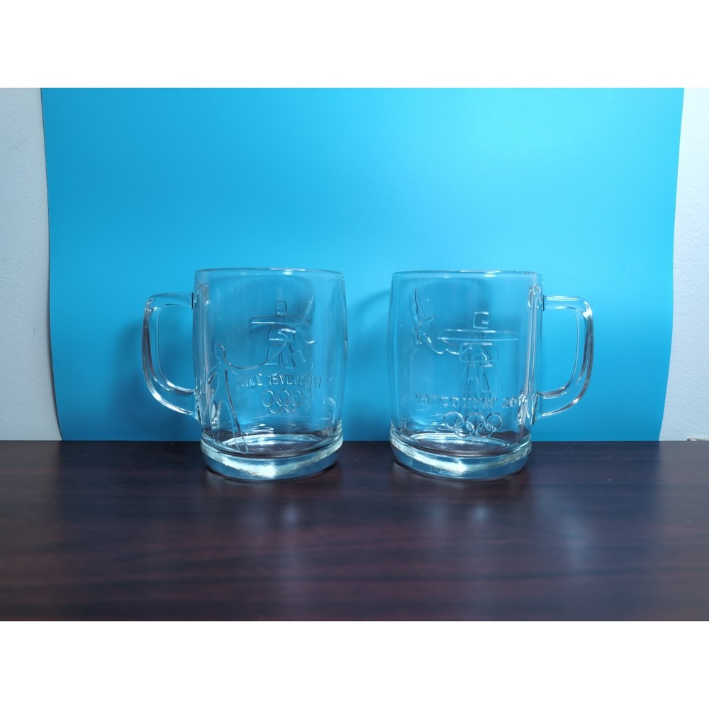 Vancouver 2010 Winter Olympics Glass Mugs Set of 2 Mascots Olympic Rings